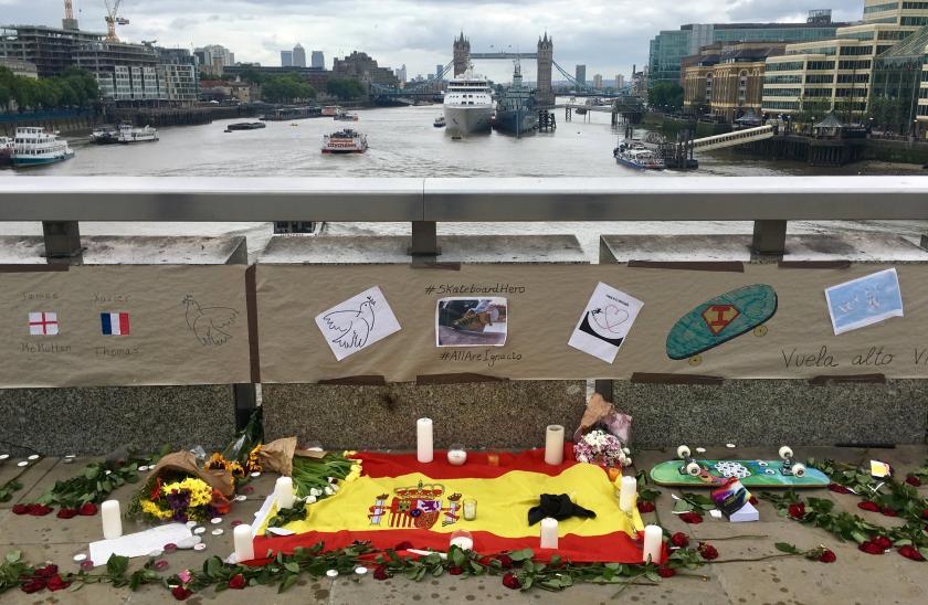 Floral tributes to Spanish national Ignacio Echeverria, 39, lay on London Bridge in London, Britain, 12 June 2017. Eight members of the public were killed and dozens injured after three attackers on late 03 June ploughed a van into pedestrians and later randomly stabbed people on London Bridge and nearby Borough Market. The three attackers wearing fake suicide vests were shot dead by police. EPA/ANDY RAIN Floral tributes to Spanish national Ignacio Echeverria, 39, lay on London Bridge in London, Britain, 12 June 2017. Eight members of the public were killed and dozens injured after three attackers on late 03 June ploughed a van into pedestrians and later randomly stabbed people on London Bridge and nearby Borough Market. The three attackers wearing fake suicide vests were shot dead by police. EPA/ANDY RAIN