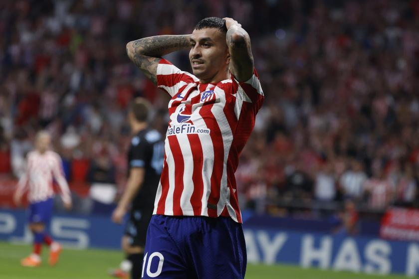 Atletico Madrid's striker Angel Correa reacts during the UEFA Champions League Group B soccer match between Atletico Madrid and Club Brugge held at Civicas Metropolitano Stadium, in Madrid, Spain, 12 October 2022. EPA/JUAN CARLOS HIDALGO Atletico Madrid's striker Angel Correa reacts during the UEFA Champions League Group B soccer match between Atletico Madrid and Club Brugge held at Civicas Metropolitano Stadium, in Madrid, Spain, 12 October 2022. EPA/JUAN CARLOS HIDALGO