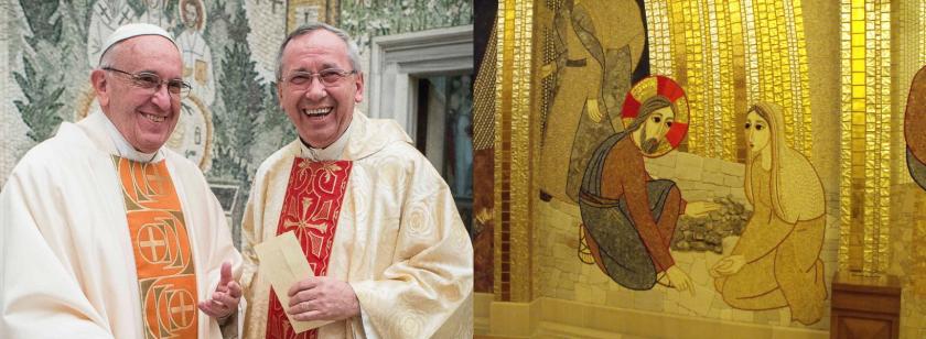 Paus Franciscus en p. Rupnik - mozaïek in San Giovanni Rotondo Paus Franciscus en p. Rupnik - mozaïek in San Giovanni Rotondo