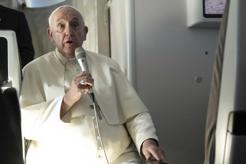 Pope Francis answers reporters' questions during the flight back to Rome, after his apostolic journey to Bahrain, on November 6, 2022. Pope Francis said on November 6 that he was praying for "suffering peoples of the Middle East", at the end of his Bahrain visit promoting dialogue with Islam. On his return flight he used an in-air press conference to call on Lebanese politicians to "put aside... personal interests" and come to an agreement on filling a power vacuum in the crisis-hit country, which currently