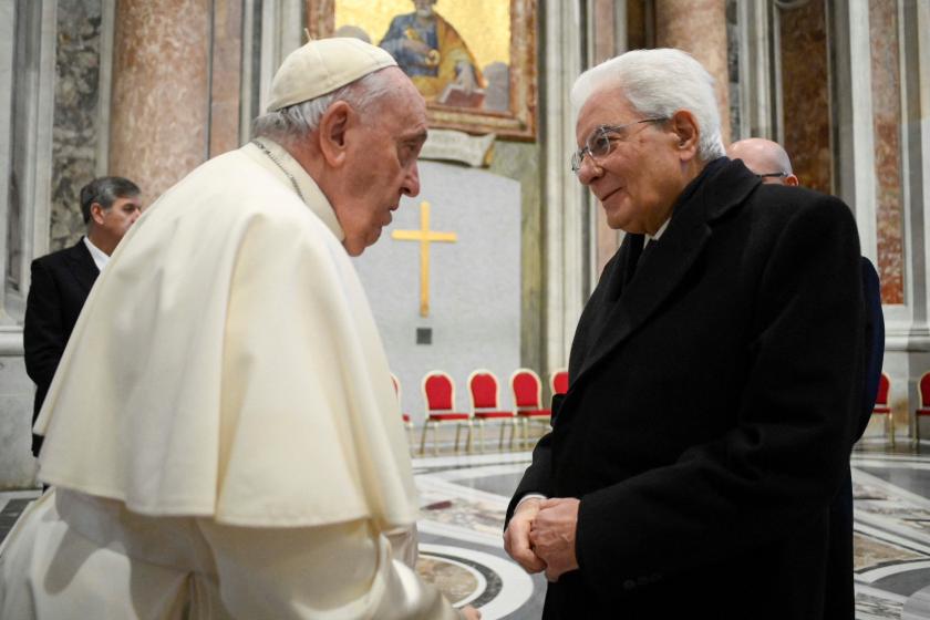 This photo taken and handout on January 5, 2023 by The Vatican Media shows Pope Francis talks with Italian President Sergio Mattarella during the Pope Emeritus Benedict XVI funeral mass at St. Peter's square in the Vatican.
Handout / VATICAN MEDIA / AFP This photo taken and handout on January 5, 2023 by The Vatican Media shows Pope Francis talks with Italian President Sergio Mattarella during the Pope Emeritus Benedict XVI funeral mass at St. Peter's square in the Vatican.
Handout / VATICAN MEDIA / AFP
