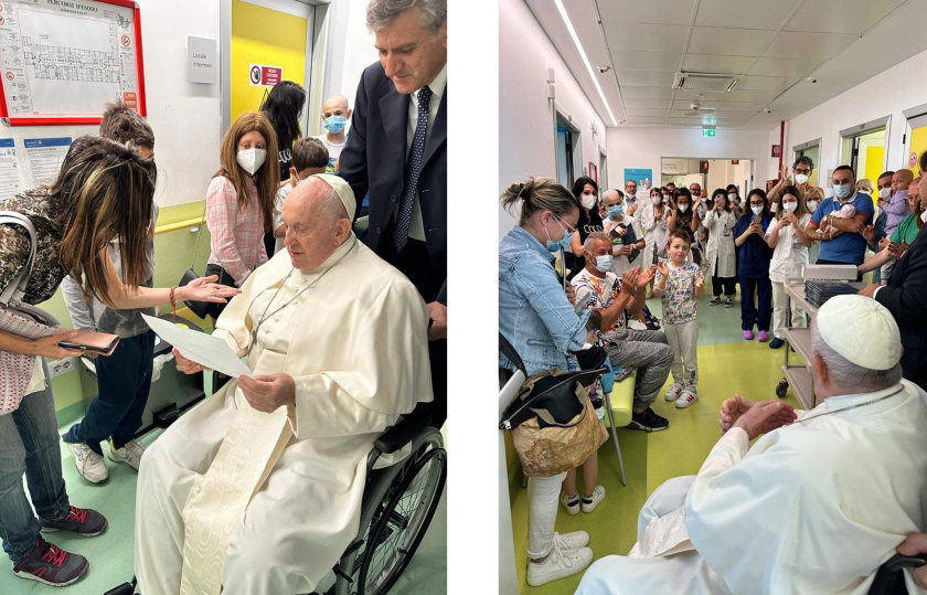 This photo taken and issued as a handout by the Vatican media on June 15, 2023 shows Pope Francis visiting the paediatric oncology and child neurosurgery ward, adjacent to the flat where he is convalescing, at the Gemelli hospital in Rome. Pope Francis, who has been recovering from abdominal surgery in a Rome hospital, will be discharged "in the next few days", the Vatican said on June 14. Francis, 86, underwent a three-hour operation at the Gemelli hospital in Rome on June 7, the latest health procedure for the leader of the Catholic Church. Handout / VATICAN MEDIA / AFP This photo taken and issued as a handout by the Vatican media on June 15, 2023 shows Pope Francis visiting the paediatric oncology and child neurosurgery ward, adjacent to the flat where he is convalescing, at the Gemelli hospital in Rome. Pope Francis, who has been recovering from abdominal surgery in a Rome hospital, will be discharged "in the next few days", the Vatican said on June 14. Francis, 86, underwent a three-hour operation at the Gemelli hospital in Rome on June 7, the latest health procedure fo