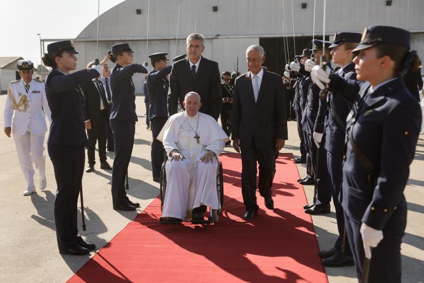 Pope Francis (C-L) is accompanied by Portugal's President Marcelo Rebelo de Sousa (C-R) during the farewell ceremony after his participation in the World Youth Day (WYD), at Figo Maduro Air Base, in Lisbon, Portugal, 06 August 2023. The Pontiff is in Portugal on the occasion of World Youth Day (WYD), one of the main events of the Church that gathers the Pope with youngsters from around the world. EPA/TIAGO PETINGA