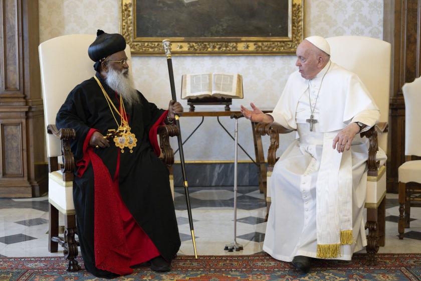 A handout photo made available by Vatican Media Press Office shows Pope Francis (R) giving audience to Baselios Marthoma Mathews III, Catholicos of the East and Metropolitan of the Syro-Malankara Orthodox Church, Vatican City, 11 September 2023. EPA/Vatican Media