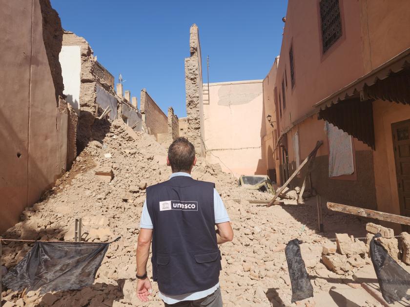 A handout picture from the UNESCO shows the United Nation agency's Maghreb regional director Eric Falt inspecting damaged sites in the old town known as the Medina, in Marrakech city on September 9, 2023. Moroccans on September 10 mourned the victims of an earthquake, the strongest-ever to hit the country, that killed more than 2,000 people, as rescue teams raced to find survivors trapped in the rubble of flattened villages. UNESCO / AFP A handout picture from the UNESCO shows the United Nation agency's Maghreb regional director Eric Falt inspecting damaged sites in the old town known as the Medina, in Marrakech city on September 9, 2023. Moroccans on September 10 mourned the victims of an earthquake, the strongest-ever to hit the country, that killed more than 2,000 people, as rescue teams raced to find survivors trapped in the rubble of flattened villages. UNESCO / AFP