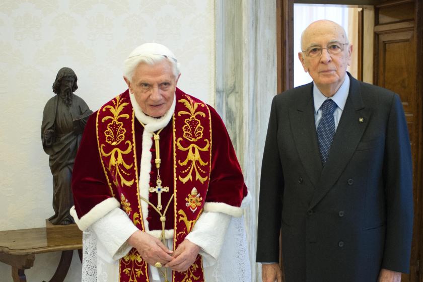 This handout photograph provided by Osservatore Romano shows Pope Benedict XVI posing next to Italian president Giorgio Napolitano prior to a private audience at the Vatican on February 23, 2013. AFP PHOTO / OSSERVATORE ROMANO This handout photograph provided by Osservatore Romano shows Pope Benedict XVI posing next to Italian president Giorgio Napolitano prior to a private audience at the Vatican on February 23, 2013. AFP PHOTO / OSSERVATORE ROMANO