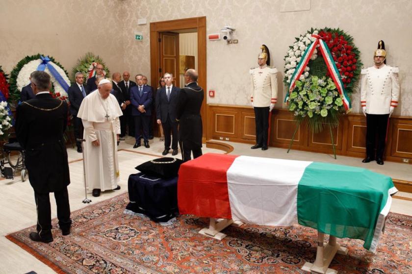 A handout picture provided by the Vatican Media shows Pope Francis paying respect at the coffin of late President Emeritus of the Republic Giorgio Napolitano as it lays in state, in the Senate in Rome, Italy, 24 September 2023. A handout picture provided by the Vatican Media shows Pope Francis paying respect at the coffin of late President Emeritus of the Republic Giorgio Napolitano as it lays in state, in the Senate in Rome, Italy, 24 September 2023.