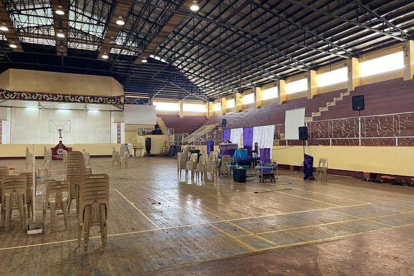 A general view shows a gymnasium after a bomb attack at Mindanao State University in Marawi, Lanao del sur province on December 3, 2023. At least three people were killed and seven wounded in a bomb attack on a Catholic mass in the insurgency-plagued southern Philippines on December 3, officials said. Merlyn MANOS / AFP