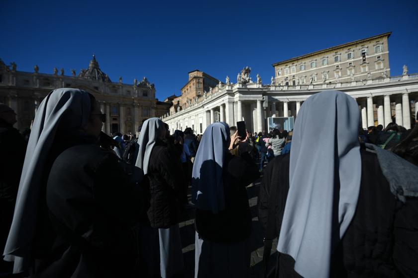 Nuns listen to Pope Francis as he addresses the crowd from the window of the apostolic palace overlooking St. Peter's square during the weekly Angelus prayer on January 21, 2024 in The Vatican. Filippo MONTEFORTE / AFP Nuns listen to Pope Francis as he addresses the crowd from the window of the apostolic palace overlooking St. Peter's square during the weekly Angelus prayer on January 21, 2024 in The Vatican. Filippo MONTEFORTE / AFP