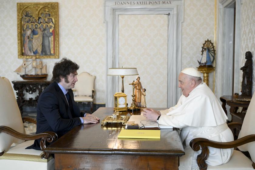 This photo taken and handout on February 12, 2024 by The Vatican Media shows Pope Francis during a private audience with Argentinian President Javier Milei in The Vatican.
Handout / VATICAN MEDIA This photo taken and handout on February 12, 2024 by The Vatican Media shows Pope Francis during a private audience with Argentinian President Javier Milei in The Vatican.
Handout / VATICAN MEDIA