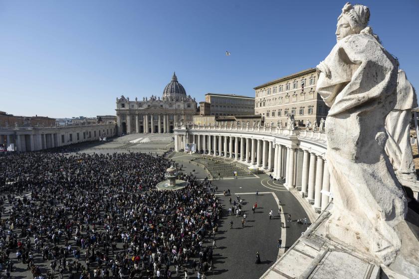 A handout photo made available by the Vatican Media shows faithful gathered to listen to Pope Francis as he leads the Angelus prayer from his office window overlooking St. Peter's Square at the Vatican, 18 February 2024. A handout photo made available by the Vatican Media shows faithful gathered to listen to Pope Francis as he leads the Angelus prayer from his office window overlooking St. Peter's Square at the Vatican, 18 February 2024.
