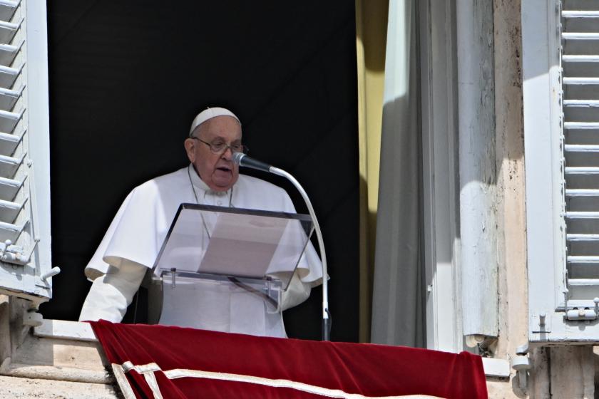 Pope Francis delivers his speech to the crowd, from the window of the Apostolic Palace overlooking St. Peter's Square, during the weekly Angelus prayer in The Vatican on March 3, 2024. Andreas SOLARO / AFP