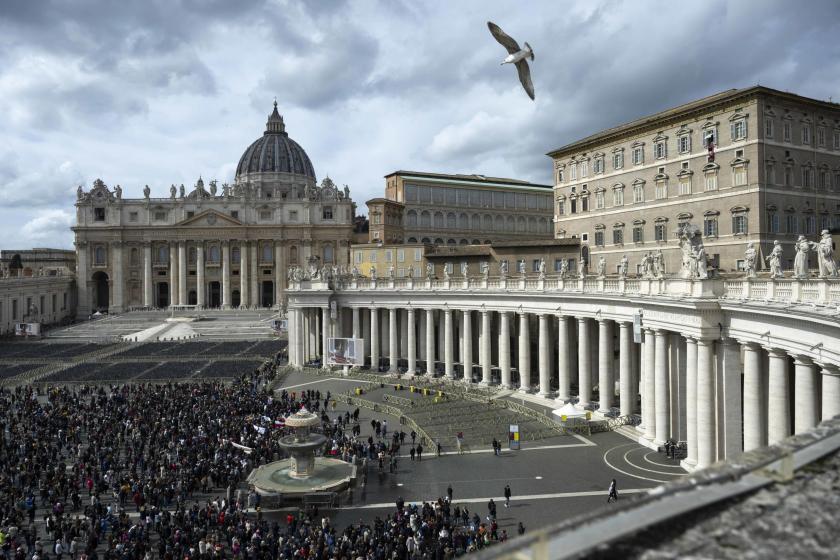A handout photo made available by the Vatican Media shows faithful gathered at St. Peter's Square to listen to Pope Francis leading his Angelus prayer from the window of his office, at the Vatican City, 03 March 2024. A handout photo made available by the Vatican Media shows faithful gathered at St. Peter's Square to listen to Pope Francis leading his Angelus prayer from the window of his office, at the Vatican City, 03 March 2024.