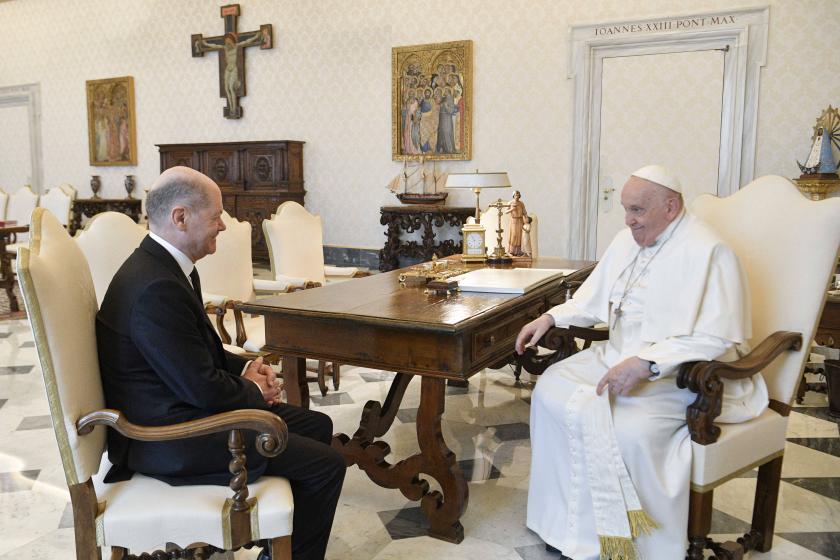 This photo taken and handout on March 02, 2024 by The Vatican Media shows Pope Francis during a private audience with German Chancellor, SPD Olaf Scholz in The Vatican. This photo taken and handout on March 02, 2024 by The Vatican Media shows Pope Francis during a private audience with German Chancellor, SPD Olaf Scholz in The Vatican.