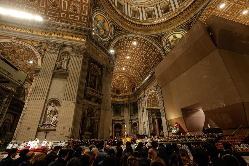 Pope Francis (L-C) presides over a Holy Mass to Easter Vigil in the Holy Night of Easter at Saint Peter's Basilica in Vatican City, 30 March 2024. EPA/GIUSEPPE LAMI Pope Francis (L-C) presides over a Holy Mass to Easter Vigil in the Holy Night of Easter at Saint Peter's Basilica in Vatican City, 30 March 2024. EPA/GIUSEPPE LAMI