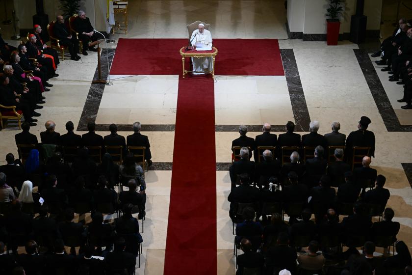 Paus Franciscus ontmoet de academische gemeenschap van de Pauselijke Gregoriaanse Universiteit in Rome op 5 november 2024. Paus Franciscus ontmoet de academische gemeenschap van de Pauselijke Gregoriaanse Universiteit in Rome op 5 november 2024.
