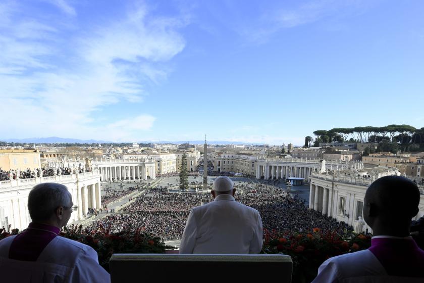 This photo taken and handout on December 25, 2024 by The Vatican Media shows Pope Francis during the Urbi et Orbi message and blessing to the city and the world as part of Christmas celebrations, at St Peter's square. Handout / VATICAN MEDIA This photo taken and handout on December 25, 2024 by The Vatican Media shows Pope Francis during the Urbi et Orbi message and blessing to the city and the world as part of Christmas celebrations, at St Peter's square. Handout / VATICAN MEDIA