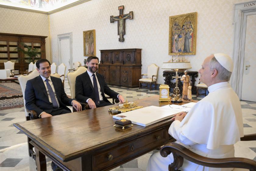 This photo taken and handout on May 19, 2025 by The Vatican Media shows US Secretary of State Marco Rubio (L) and US Vice President JD Vance during a private audience with Pope Leo XIV in The Vatican. Handout / VATICAN MEDIA / AFP This photo taken and handout on May 19, 2025 by The Vatican Media shows US Secretary of State Marco Rubio (L) and US Vice President JD Vance during a private audience with Pope Leo XIV in The Vatican. Handout / VATICAN MEDIA / AFP