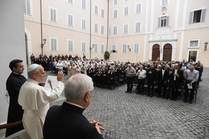  A handout photo made available by Vatican Media shows Pope Leo XIV (2-L) in the courtyard of the Apostolic Palace of Castel Gandolfo, Italy, 12 July 2025, while attending the General Chapters of various religious institutes. EPA/Vatican Media 