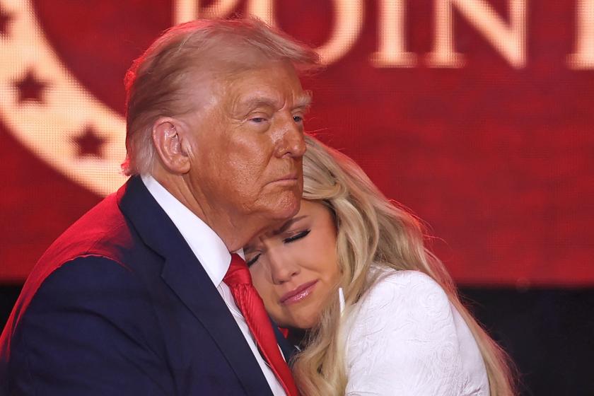 US President Donald Trump greets Erika Kirk, Charlie Kirk's widow, during the public memorial service for right-wing activist Charlie Kirk at State Farm Stadium in Glendale, Arizona, on September 21, 2025. Patrick T. Fallon / AFP