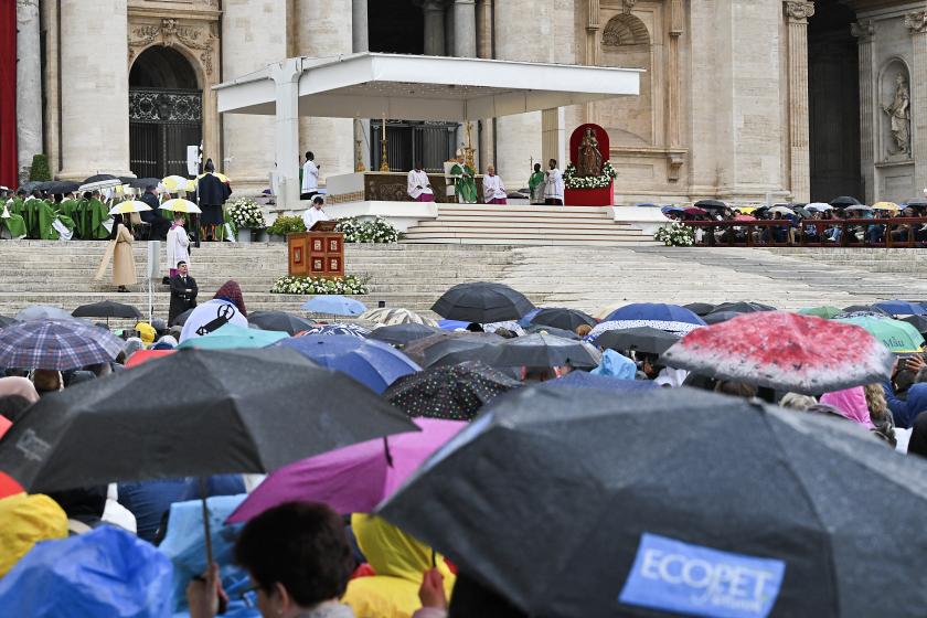 Pope Leo XIV looks on as he attends the Jubilee Mass for the Missionary World and Migrants at St Peter's Square in The Vatican on October 5, 2025. Andreas SOLARO / AFP