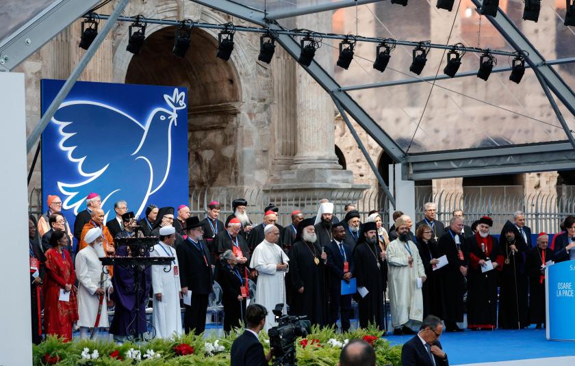 Pope Leo XIV (C) and other religious leaders attend the closing ceremony of the International Meeting of Dialogue and Prayer for Peace of the Community of Sant'Egidio at the Colosseum, in Rome, Italy, 28 October 2025. EPA/GIUSEPPE LAMI