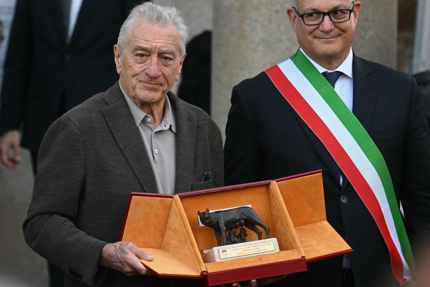US actor Robert De Niro poses along with Rome's Mayor Roberto Gualtieri after being honored with the city's Lupa Capitolina award (the wolf of the city award) in Rome on November 6, 2025. Filippo MONTEFORTE / AFP