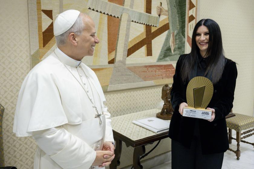 A handout photo provided by Vatican Media shows Italian singer Laura Pausini receiving a private audience with Pope Leo XIV in Vatican City, 12 November 2025. EPA/VATICAN MEDIA
