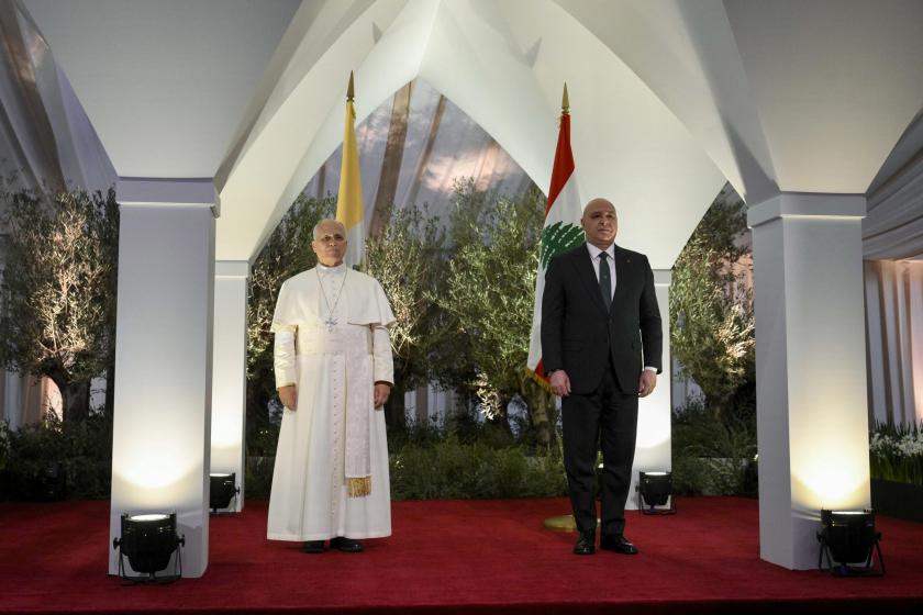 A handout picture made available by Vatican Media shows Pope Leo XIV (L) and Lebanon President Joseph Aoun (R) standing during the Pope's arrival at Beirut International Airport, Beirut, Lebanon, 30 November 2025. Pope Leo XIV is on his first apostolic visit outside Italy since his election as pontiff. He visited Turkey from 27 November and continues his journey to Lebanon from 30 November until 02 December. EPA/VATICAN MEDIA