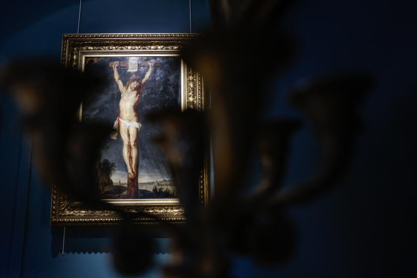 This photograph taken on September 11, 2025 shows the painting "Christ on the cross" by Dutch painter Peter Paul Rubens, exhibited at the Osenat auction house in Fontainebleau, south of Paris. A long-lost painting by 17th-century Flemish master Peter Paul Rubens has been found in a Paris mansion, a French auctioneer said on September 10, 2025. "It is a masterpiece," said Jean-Pierre Osenat, who had made the discovery, referring to the sketch of Jesus Christ on the cross painted in 1613. "It was painted by R