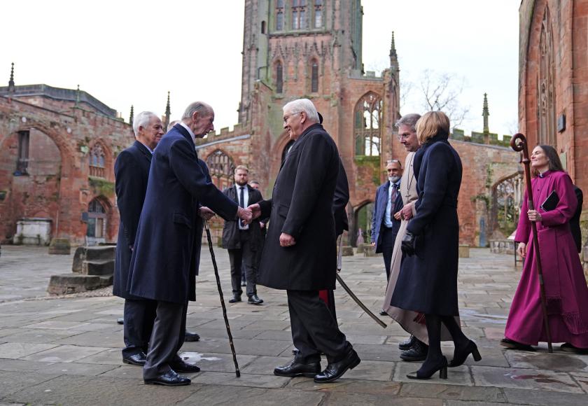 Britain's Prince Edward, Duke of Kent (2L) greets Germany's President Frank-Walter Steinmeier as he arrives at the ruins of the old Coventry Cathedral, which was bombed by the Germans during the Second World War, in Coventry, central England on December 5, 2025, the final day of a three-day State visit to the UK by Germany's President.  Jacob King / POOL / AFP