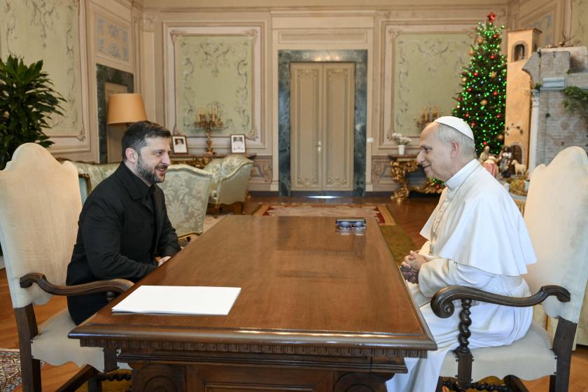 This photo taken and handout on December 9, 2025 by The Vatican Media shows Pope Leo XIV during a meeting with Ukraine's President Volodymyr Zelensky, in Castel Gandolfo. Handout / VATICAN MEDIA / AFP