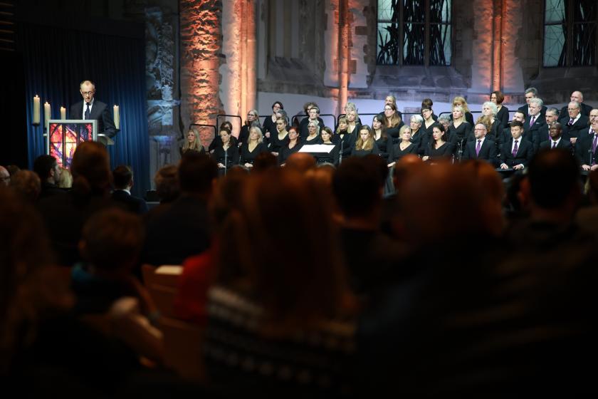 German Chancellor Friedrich Merz speaks during a commemoration ceremony on the occasion of the first anniversary of the 2024 vehicle-ramming attack on Magdeburg Christmas market in Magdeburg, Germany, 20 December 2025. Six people were killed and hundreds injured during the attack on 20 December 2024, when an SUV drove into the crowd of the Magdeburg Christmas market. EPA/CLEMENS BILAN