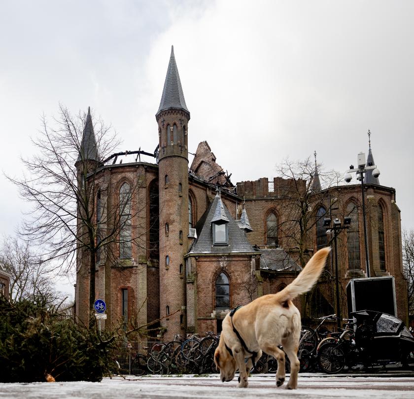 De Vondelkerk is voor een groot deel verwoest. Het in 1880 opgeleverde kerkgebouw vloog tijdens de jaarwisseling in brand. De toren en een deel van het middengedeelte van de kerk zijn ingestort en een groot deel van het dak is naar beneden gekomen. De muren van het gebouw blijven wel staan, daar is geen instortingsgevaar meer. RAMON VAN FLYMEN / ANP