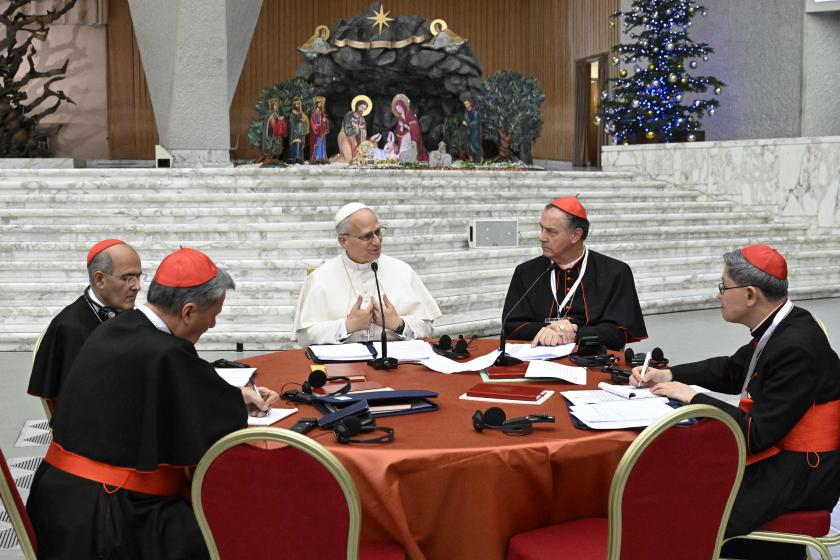 This photo taken and handout on January 7, 2025 by The Vatican Media shows Pope Leo XIV meeting with cardinals during an extraordinary Consistory in The Vatican. Handout / VATICAN MEDIA / AFP