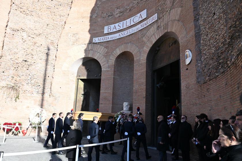 Valentino Garavani’s coffin is carried to the Basilica of S. Maria degli Angeli e dei Martiri in Rome, Italy, 23 January 2026. Valentino passed away at the age of 93 at his home in Rome on 19 January 2026. EPA/MAURIZIO BRAMBATTI