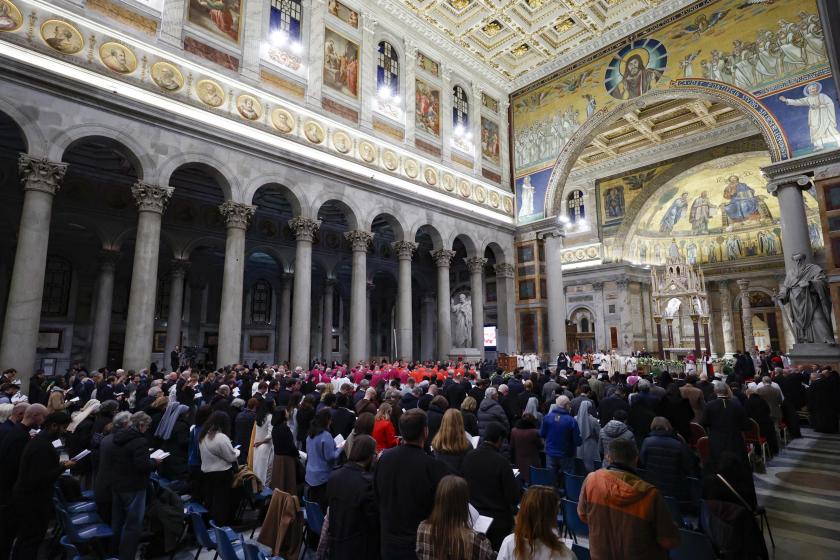 Pope Leo XIV (C) leads Vespers on the Feast of the Conversion of St. Paul the Apostle at St. Paul Outside the Walls Basilica in Rome, Italy, 25 January 2026. EPA/FABIO FRUSTACI