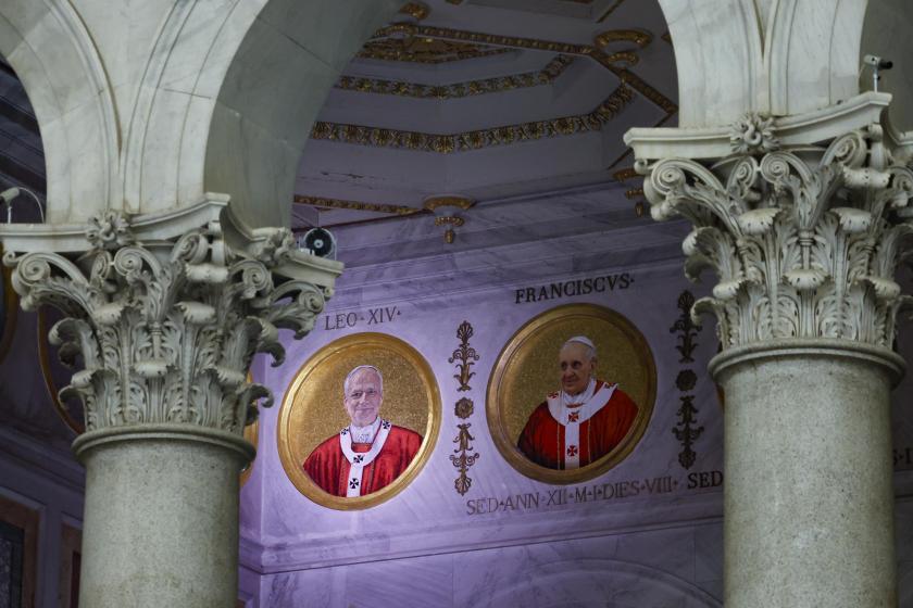 The new mosaic depicting the portrait of Pope Leo XIV is flanked by a mosaic depicting the portrait of Pope Francis and joins the mosaics of the other Roman Catholic pontiffs in the Basilica of Saint Paul Outside the Walls in Rome, Italy, 25 January 2026. EPA/FABIO FRUSTACI