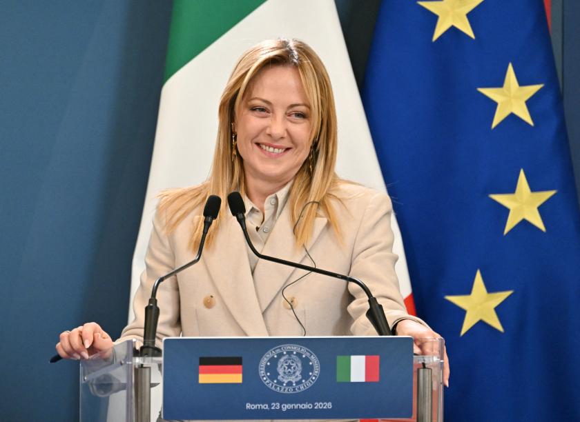Italy's Prime Minister Giorgia Meloni smiles as she attends a press conference aith Germany's Chancellor (unseen) after attending an Intergovernmental summit between Italy and Germany, at Villa Doria Pamphilj in Rome on January 23, 2026.  Andreas SOLARO / AFP
