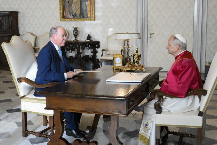 This photo taken and handout on January 17, 2026 by The Vatican Media shows Pope Leo XIV during a meeting with Prince Albert II of Monaco in The Vatican.