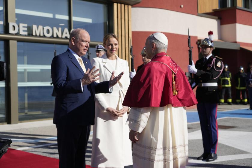 Prince Albert II of Monaco and Princess Charlene of Monaco welcome Pope Leo XIV on the tarmac of Monaco Heliport in Monte Carlo, Monaco, on March 28, 2026. Pope Leo XIV heads to the Mediterranean principality of Monaco on the French Riviera that is the pontiff's surprise pick for the first western European trip of his papacy. The US-born pope, a former missionary critical of the wealthy elite, will helicopter in for a day in the world's second-smallest state, best known for its casinos, luxury yachts and Mi