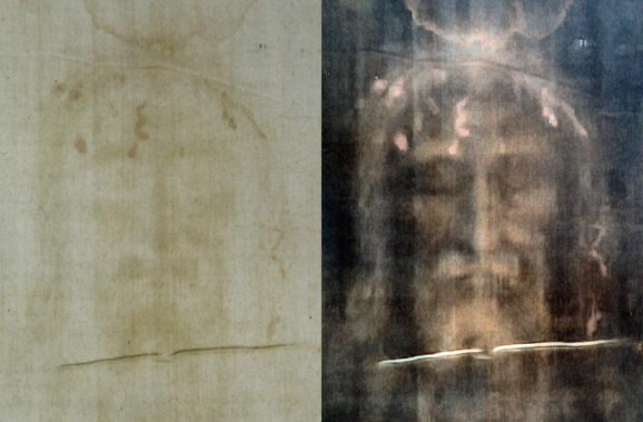 Turin shroud positive and negative displaying original color information