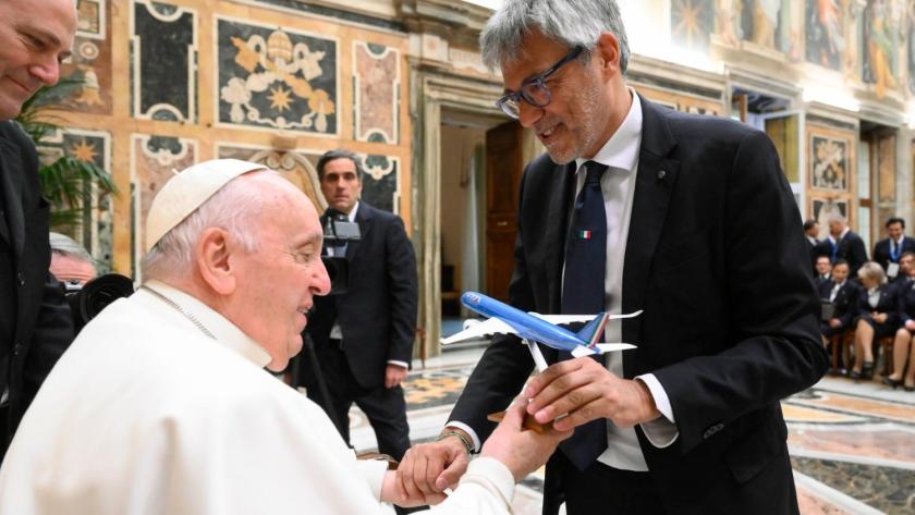 Pope Francis is given a model of an ITA aeroplane during his audience with ITA Airways staff in the Vatican Pope Francis is given a model of an ITA aeroplane during his audience with ITA Airways staff in the Vatican