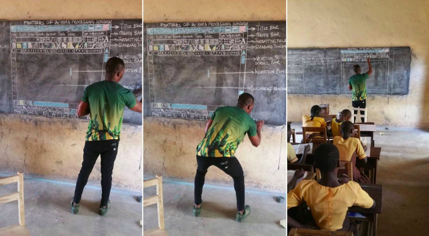 Ghanese docent geeft les in WIndows zonder computer Ghanese docent geeft les in WIndows zonder computer