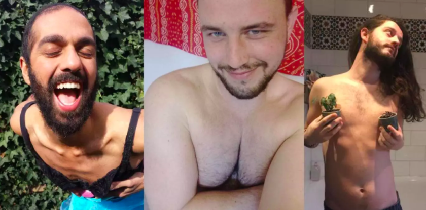 Deze mannen zijn maar wat trots op hun decolleté Drieluik van mannen die hun borst trots laten zien