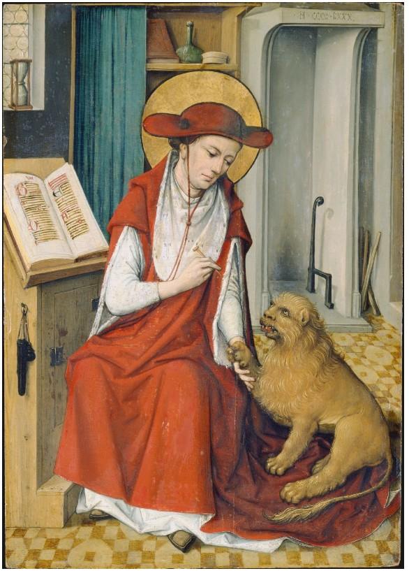 Sint-Hiëronymus in zijn studeerkamer met de leeuw
