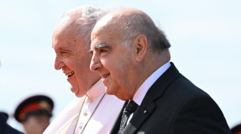 Malta's President, George Vella (R) greets Pope Francis after he landed on April 02, 2022 at Malta's international airport in Luqa, for a two-day trip to the island. Pope Francis heads for a two-day trip to Catholic-majority Malta where he will again highlight the plight of migrants, as the Ukraine war sends a stream of refugees across Europe. Andreas SOLARO / AFP Malta's President, George Vella (R) greets Pope Francis after he landed on April 02, 2022 at Malta's international airport in Luqa, for a two-day trip to the island. Pope Francis heads for a two-day trip to Catholic-majority Malta where he will again highlight the plight of migrants, as the Ukraine war sends a stream of refugees across Europe.