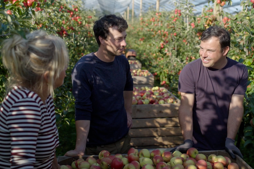 Drie mensen in een appelboomgaard