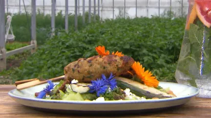 Kipgehaktspiezen met gegrilde komkommer  