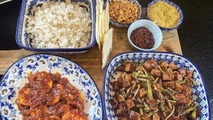 Indonesische sajoer tahoe met rijst en telor ketjap